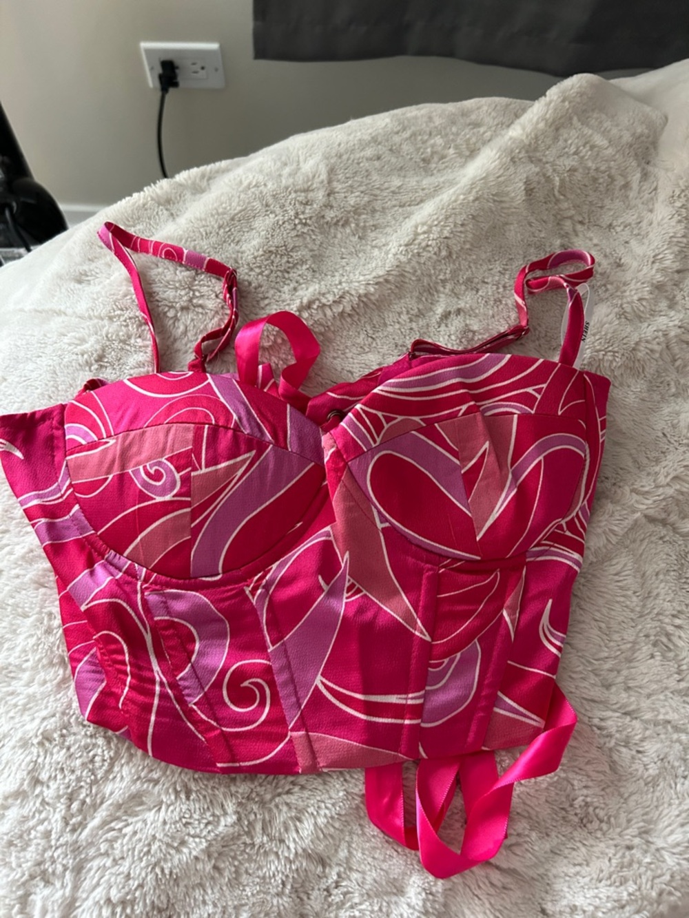 SHEIN Fuchsia Swirl Lace-Up Bustier Top